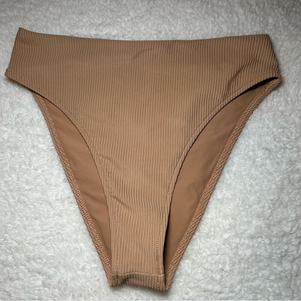 Frankie's Bikinis Ribbed High-Cut Bikini Bottom in Camel